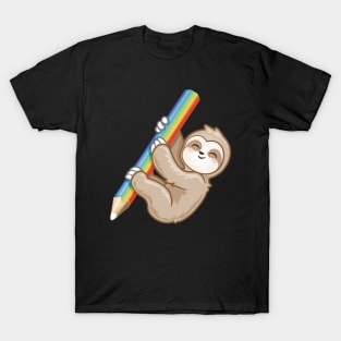 sloth holding rainbow color pencil T-Shirt